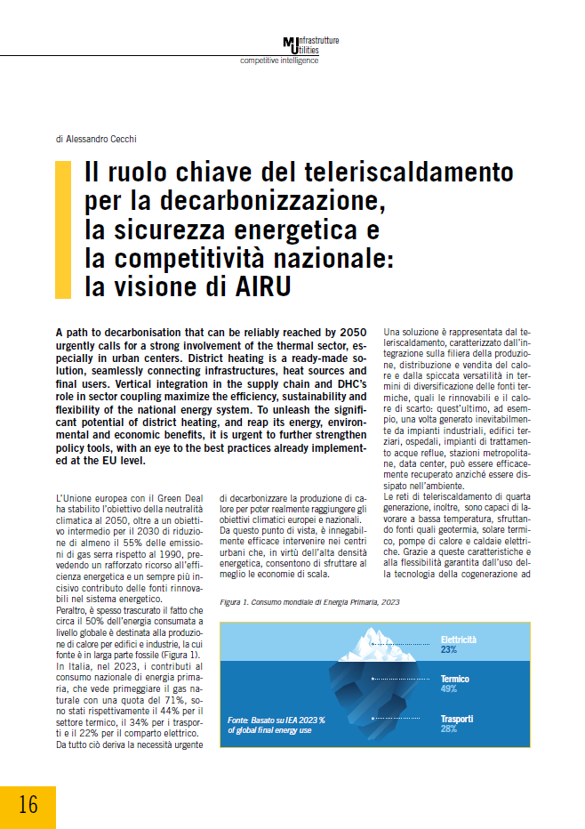 Il ruolo chiave del teleriscaldamento per la decarbonizzazione, la sicurezza energetica e la competitività nazionale: la visione di AIRU